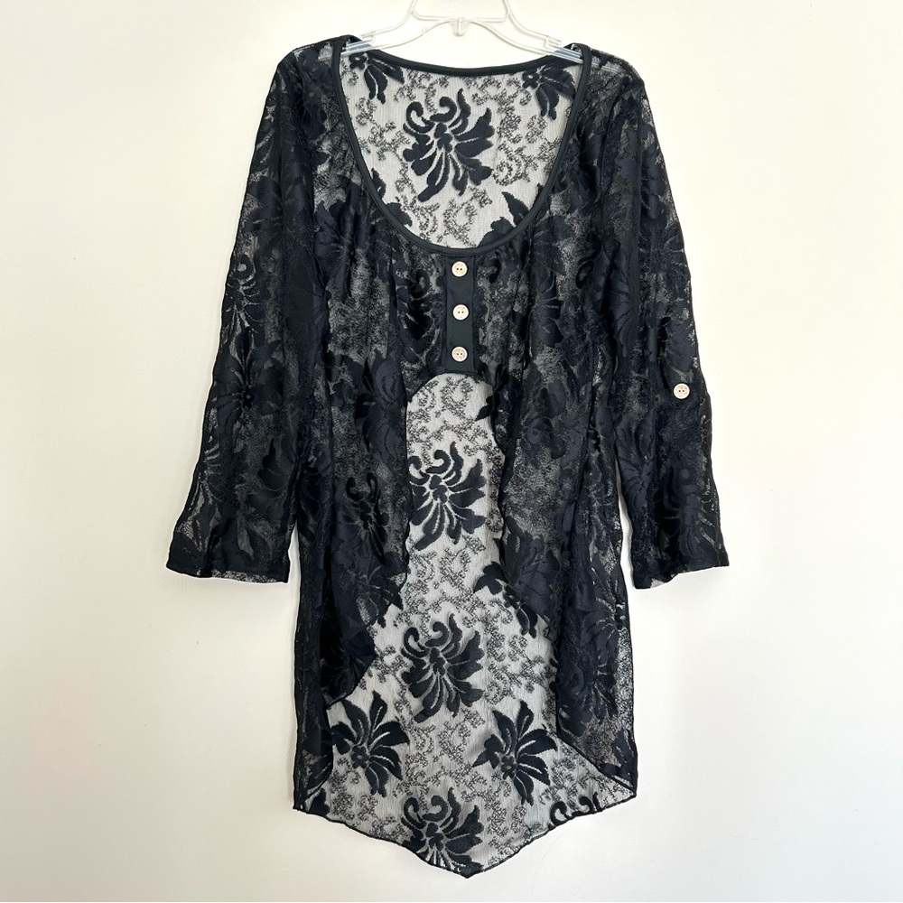 Elegant Women’s Black Floral Lace Tunic with Adjustable Sleeves Size 2XL